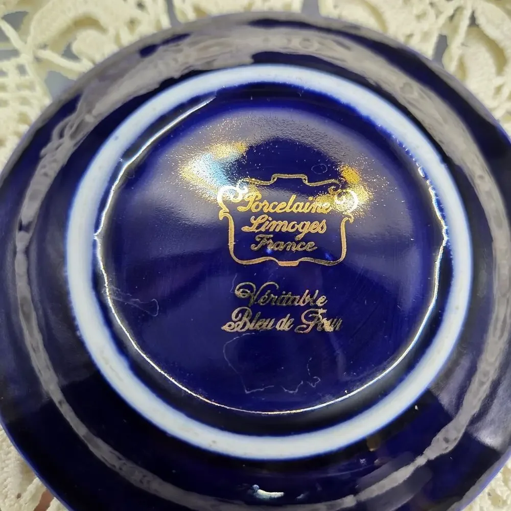 Vintage Limoges Veritable Blue De Four Cobalt Blue Gold Nappy Trinket Dish